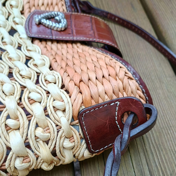 Vintage 90s Brighton Woven Wicker Straw Purse Shoulder Bag Brown Leather Strap - Picture 7 of 11